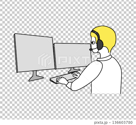Rear view of a teleoperated man working on a white background and dual monitors_Businessman Rear view of a teleoperated man working on a white background and dual monitors_Businessman 136603780