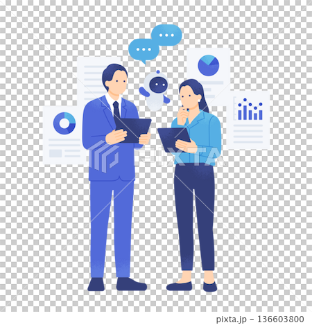 A business team analyzing data with an AI agent. Full-body illustration of a business person holding a tablet. 136603800