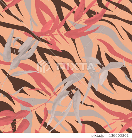 Foliage seamless pattern, eucalyptus leaves with animal skin in warm tone 136603801
