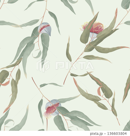 Foliage seamless pattern, green eucalyptus leaves and flowers on bright green Foliage seamless pattern, green eucalyptus leaves and flowers on bright green 136603804