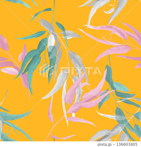 Foliage seamless pattern, colorful eucalyptus leaves on yellow Foliage seamless pattern, colorful eucalyptus leaves on yellow 136603805