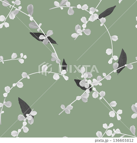 Foliage seamless pattern, white Siamese rough bush leaves and black leaves on green Foliage seamless pattern, white Siamese rough bush leaves and black leaves on green 136603812