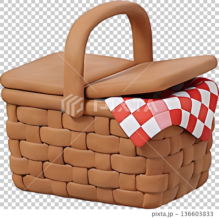 3D clay-style illustration of a picnic basket, an image of outings and leisure 136603833
