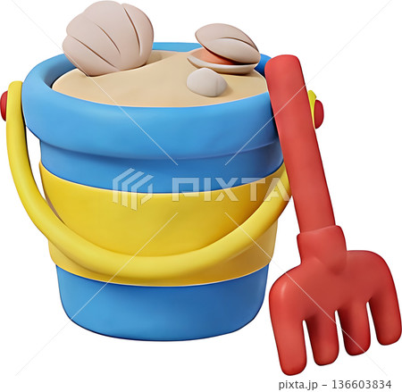 砂遊びセットと貝殻の3Dクレイ風イラスト、潮干狩りや夏のレジャーのイメージ 136603834