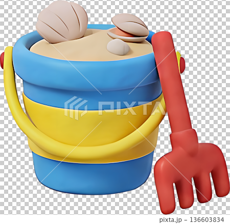 3D黏土風格插圖，描繪了沙盤遊戲套裝和貝殼，以及挖蛤蜊和夏季休閒活動的場景。 136603834