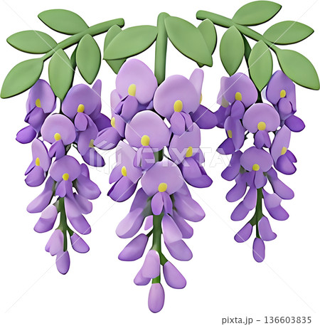 垂れ下がる藤の花の3Dクレイイラスト、満開に咲く春のイメージ 136603835