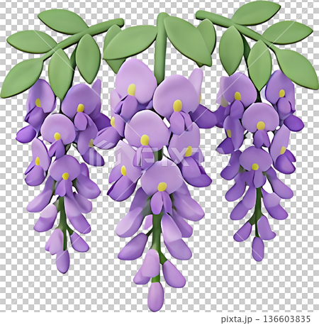 垂れ下がる藤の花の3Dクレイイラスト、満開に咲く春のイメージ 136603835