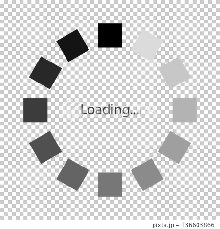 モノクロのグラデーションの正方形が円状に並ぶローディングのマークのベクターイラスト 136603866