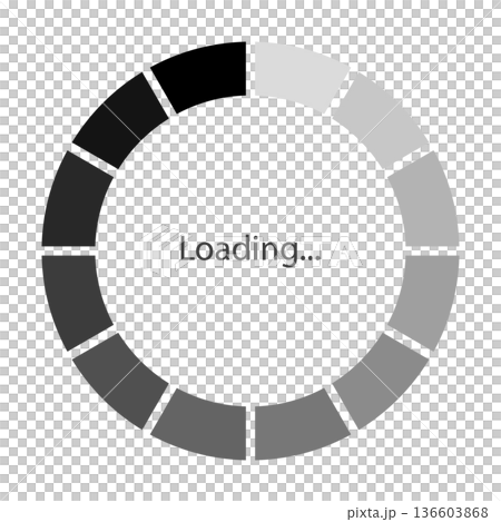 モノクロのグラデーションの太い帯が円状に並ぶローディングのマークのベクターイラスト 136603868