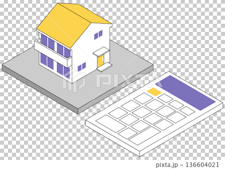 獨立式住宅的等距插圖以及房地產和貨幣計算器圖像 136604021