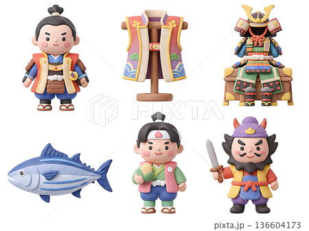 こどもの日の五月人形や鎧兜、桃太郎の3Dクレイ風イラストセット 136604173