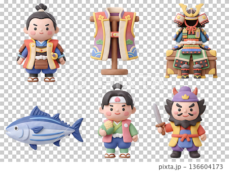こどもの日の五月人形や鎧兜、桃太郎の3Dクレイ風イラストセット 136604173