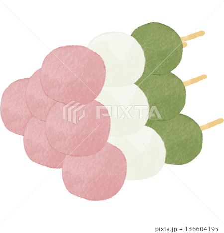 水彩風の三色団子｜春の和菓子・桜・花見・串団子・和スイーツ 136604195