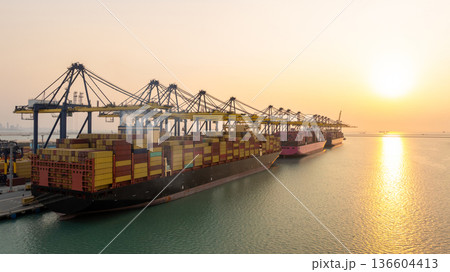 Aerial view Container cargo ship loading unloading container import export sea port, Global trade business container cargo ship freight shipping commercial trade logistic transportation international. 136604413