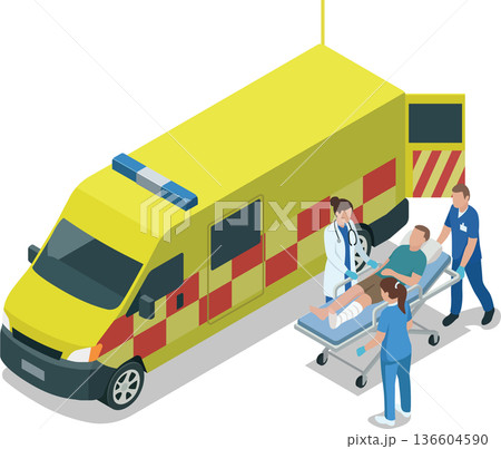 Medical staffs taking patient into ambulance Medical staffs taking patient into ambulance 136604590