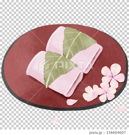 水彩風格的櫻餅 | 春季日式甜點，道明寺，長明寺，賞櫻，女兒節 136604607