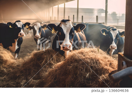 Group of cows at cowshed eating hay or fodder on dairy farm, neural network generated image 136604636