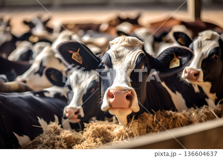 Group of cows at cowshed eating hay or fodder on dairy farm, neural network generated image 136604637