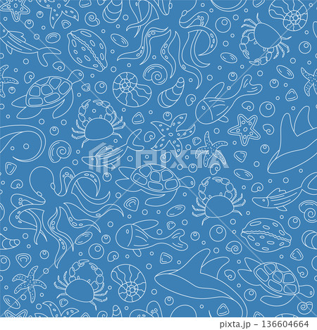 Seamless pattern displaying underwater ocean life. Contour design with aquatic creatures like fish, turtles, and octopus. Marine background with soft outlines for creative aquatic themes and designs. 136604664
