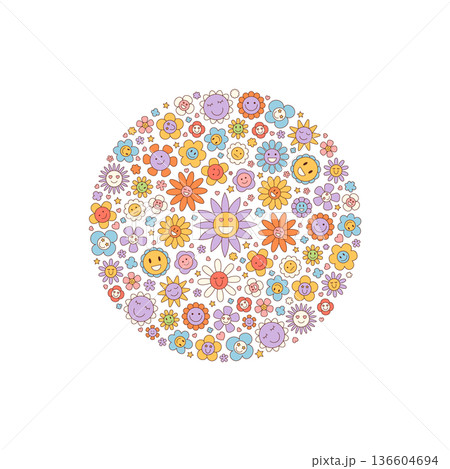Groovy retro circle flower sticker with cute funky smiley faces. Colorful doodle flower concept adds a cheerful background for trendy decorative themes. Playful and vibrant design for creative Groovy retro circle flower sticker with cute funky smiley faces. Colorful doodle flower concept adds a cheerful background for trendy decorative themes. Playful and vibrant design for creative 136604694