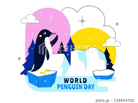 World Penguin Day Celebration Vector Illustration Featuring Cute Antarctic Penguins In A Festive Polar Wildlife Scene Flat Background World Penguin Day Celebration Vector Illustration Featuring Cute Antarctic Penguins In A Festive Polar Wildlife Scene Flat Background 136604702