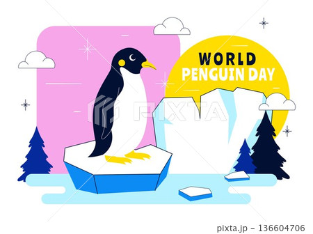 World Penguin Day Celebration Vector Illustration Featuring Cute Antarctic Penguins In A Festive Polar Wildlife Scene Flat Background World Penguin Day Celebration Vector Illustration Featuring Cute Antarctic Penguins In A Festive Polar Wildlife Scene Flat Background 136604706