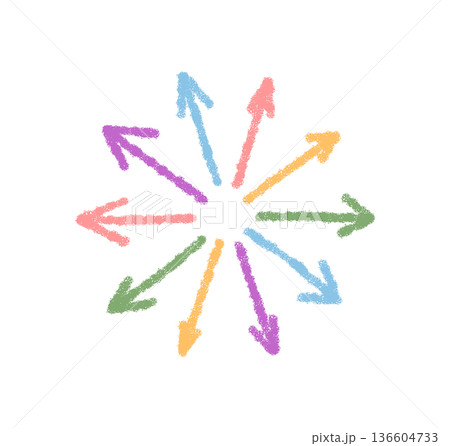 Pastel chalk arrow icon in hand drawn sketch style. Color symbol with crayon element and pointer direction in textured form, set as unique icon or bright arrow element for creative art use. 136604733