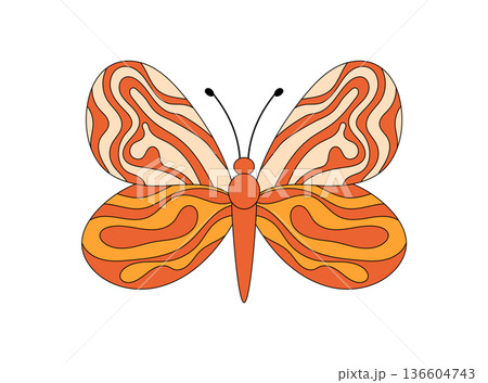 Groovy retro butterfly in bold orange and wavy psychedelic shapes. Funky symbol of nature with cool y2k style, this groovy element offers unique graphic for modern or vintage creative ideas. Groovy retro butterfly in bold orange and wavy psychedelic shapes. Funky symbol of nature with cool y2k style, this groovy element offers unique graphic for modern or vintage creative ideas. 136604743