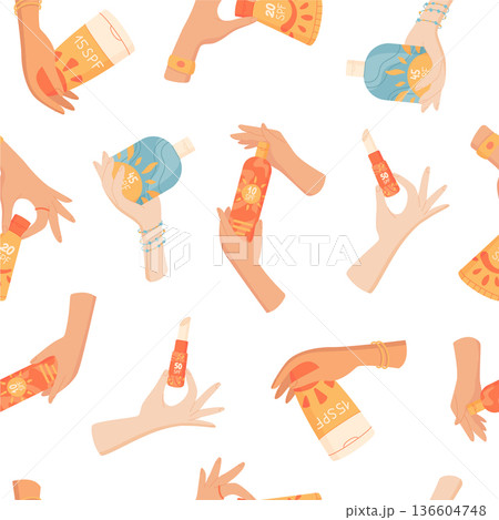 Sunscreen bottle seamless flat pattern, spf cream and lotion tube container set pattern. Sunblock and sun care products hold a variety of shapes. Ideal cosmetics pattern for summer product packaging 136604748