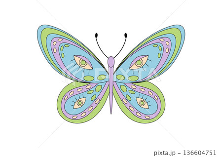 Groovy psychedelic retro butterfly cartoon in colorful style with trippy eye pattern. Hippie groovy element gives retro pop effect and bold graphic for playful concepts in modern retro cartoon theme. 136604751