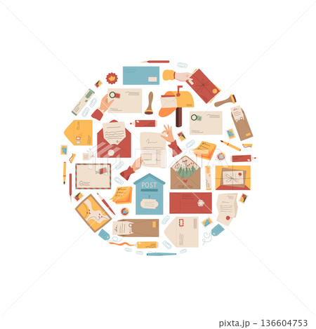 Mail letter sticker flat cartoon icon circle. Envelope and postcard with stamp, note, post concept. Creative correspondence, message on paper, trendy postal communication, stationery icon set. Mail letter sticker flat cartoon icon circle. Envelope and postcard with stamp, note, post concept. Creative correspondence, message on paper, trendy postal communication, stationery icon set. 136604753