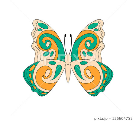 Groovy retro butterfly with psychedelic pattern and colorful swirl design. Vintage 70s y2k motif, artistic groovy element and bold graphic, ideal for modern projects or sticker concepts. Groovy retro butterfly with psychedelic pattern and colorful swirl design. Vintage 70s y2k motif, artistic groovy element and bold graphic, ideal for modern projects or sticker concepts. 136604755