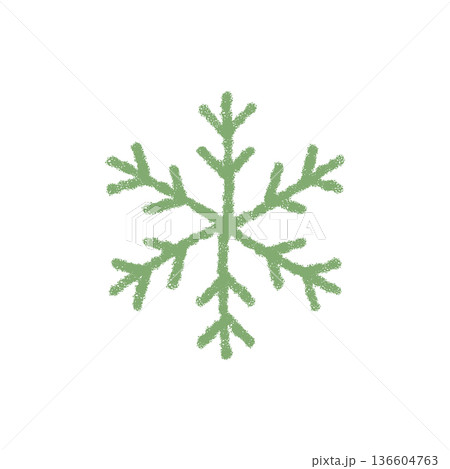 Crayon snowflake symbol in green with frost and cold crystal detail. Winter element shows frozen ornament motif. Chill and ice accent create unique xmas seasonal design for holiday concepts. 136604763