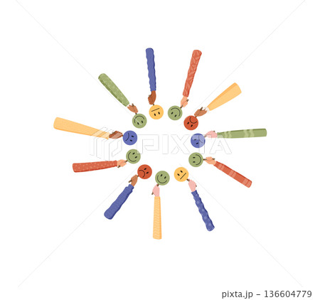 Flat hands in group symbolize solidarity. Colorful gesture of people together in teamwork. Happy unity with raised arms, expressing global support and strength. 136604779