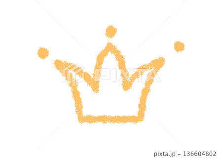 Crown icon with crayon pastel doodle style in bright yellow. Decorative symbol badge and graphic element. Artistic crown as hand drawn accent for playful decor and ornament projects. 136604802