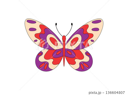 Groovy retro butterfly sticker in funky y2k style. Flat pop patch and graphic element with colorful pattern. This groovy element brings a creative, modern accent for playful art. 136604807