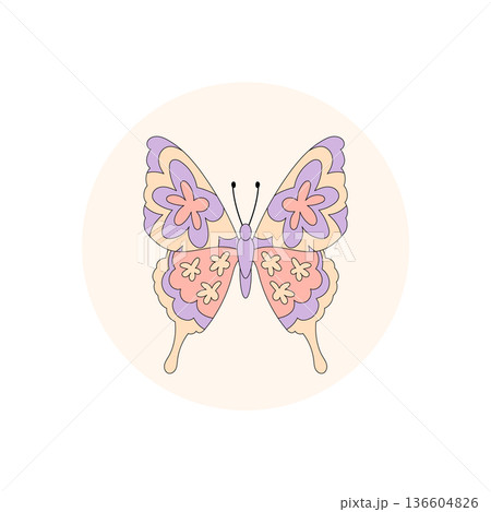 Groovy retro butterfly sticker with floral and pastel pattern in a circle shape. Pastel package seal for lid, this y2k graphic brings a playful and trendy touch as package or seal accent. 136604826