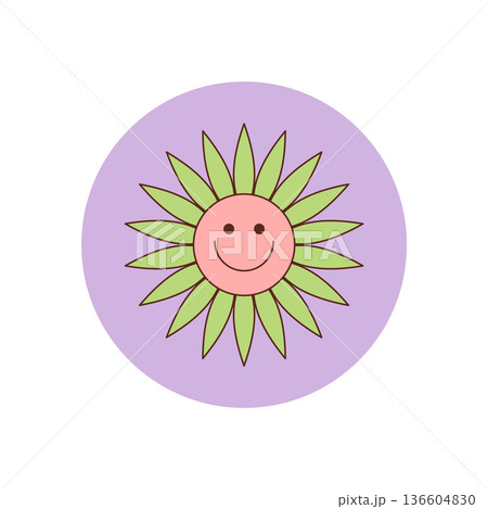 Retro groovy flower smiley sticker in colorful circle form with cute happy face shows a playful y2k style. This groovy element works as package seal and adds cheerful fun as a package accent. 136604830