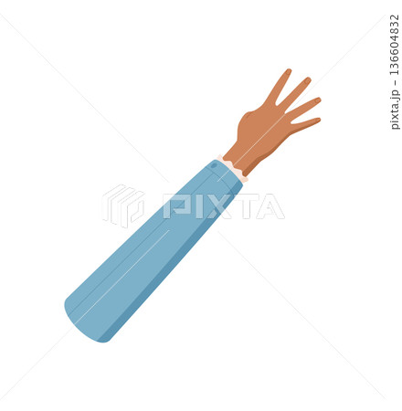 Flat hand gesture with four fingers raised and palm visible. Brown hand showing the number 4 with a clothed arm in a blue sleeve. Simple countdown concept, isolated on white. 136604832