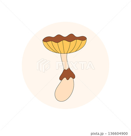Groovy retro magic mushroom in yellow circle style with psychedelic shroom details sticker. Trippy sticker with y2k flair for package lid, unique graphic accent as fun magic label for product or 136604900
