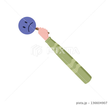 Cartoon hand holding a circular feedback icon. Review and rate symbol representing customer satisfaction and opinion. Business comment element, modern playful style, isolated. 136604907