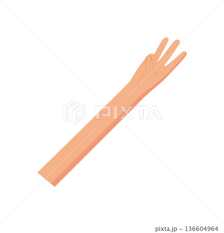Flat style hand gesture showing number three. Bare human hand with three fingers up in a counting pose. Minimal concept of signal isolated on white background, simple and graphic style. Flat style hand gesture showing number three. Bare human hand with three fingers up in a counting pose. Minimal concept of signal isolated on white background, simple and graphic style. 136604964