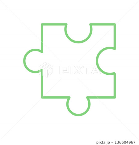 Flat outline of a jigsaw puzzle piece in green. Minimal and clean silhouette perfect for boardgame themes. A simple and playful design for toy concepts, hobby graphics, or family game projects. Ideal 136604967