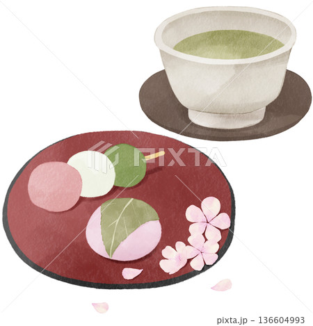 水彩風の三色団子と桜餅｜春の和菓子・花見・道明寺・ひな祭り 136604993