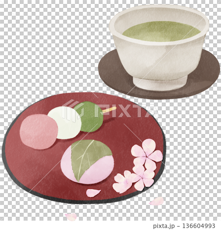 Watercolor-style three-colored rice dumplings and sakura mochi | Spring Japanese sweets, cherry blossom viewing, Domyoji, Hinamatsuri Watercolor-style three-colored rice dumplings and sakura mochi | Spring Japanese sweets, cherry blossom viewing, Domyoji, Hinamatsuri 136604993