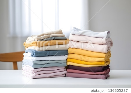 two colorful stacks of folded clothes on white laundry table, neural network generated photorealistic image two colorful stacks of folded clothes on white laundry table, neural network generated photorealistic image 136605287