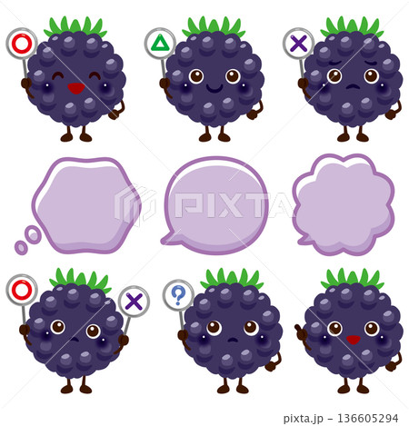 ○×△の札を持ったブラックベリーのキャラクターイラスト 136605294