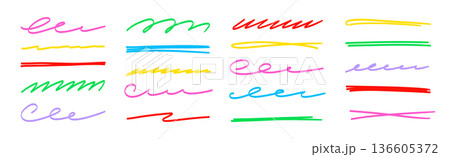 Line color brush underline set. Line underline brush hand drawn pen marker strokeswoosh, squiggle shape..Doodle scribble wavy wave highlight handwriting ink shape background. Vector 136605372