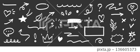 Marker line brush arrow, underline, highlight scribble set. Marker pen line brush hand drawn arrow stroke sketch element shape on chalkboard. Doodle underline circle frame icons. Vector Marker line brush arrow, underline, highlight scribble set. Marker pen line brush hand drawn arrow stroke sketch element shape on chalkboard. Doodle underline circle frame icons. Vector 136605373