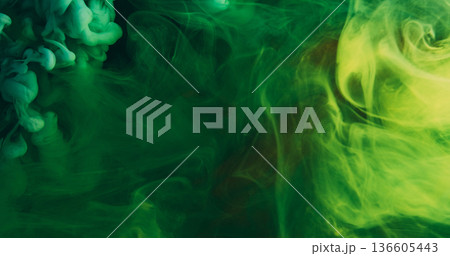 Paint fume splash. Underwater mist. Defocused green yellow color cloud glitter liquid smoke texture spreading on abstract art background. Paint fume splash. Underwater mist. Defocused green yellow color cloud glitter liquid smoke texture spreading on abstract art background. 136605443